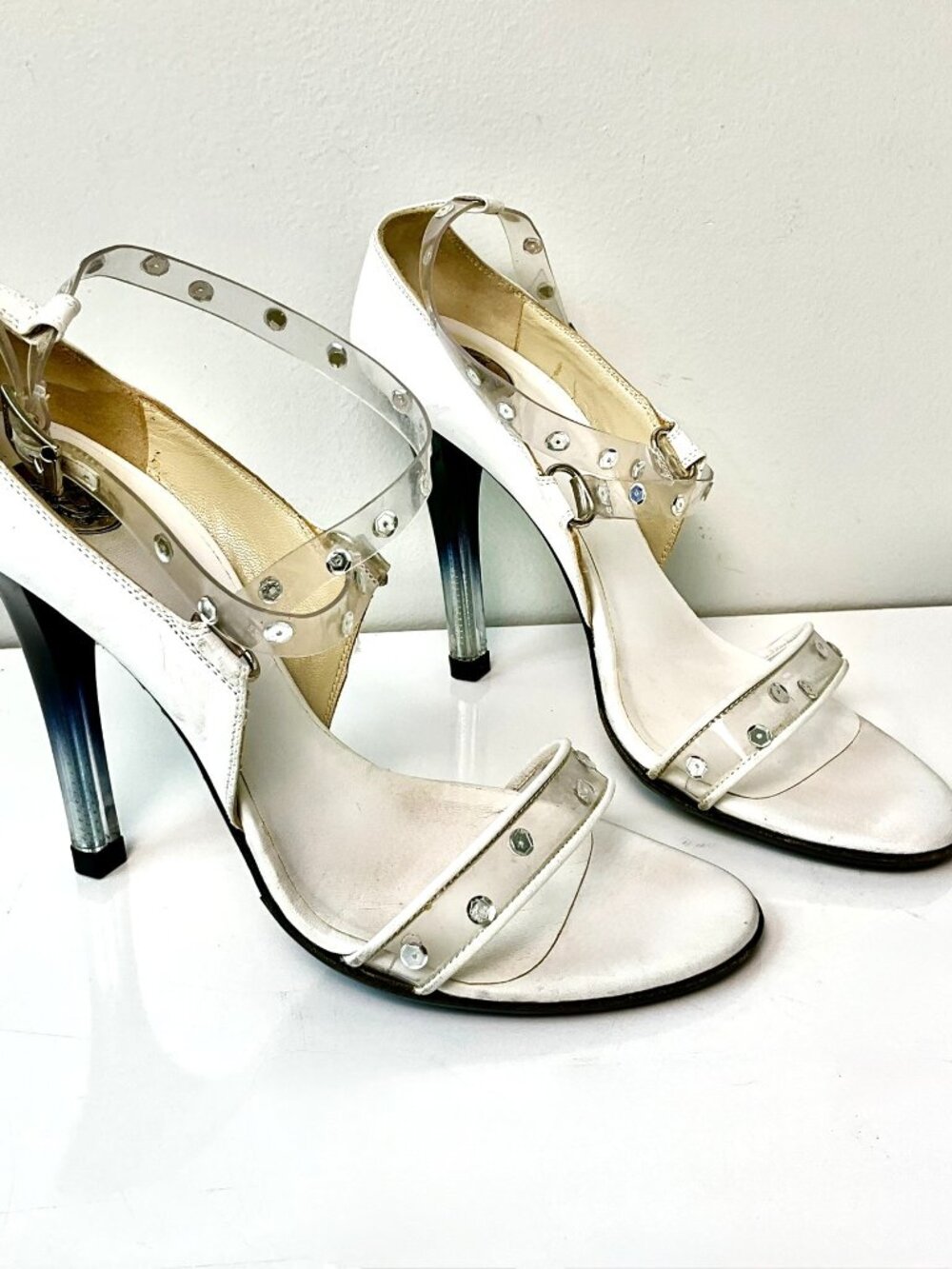 VNT Gianni Versace Medusa PVC Ankle Strap Heels White Size EU 38.5 Italy